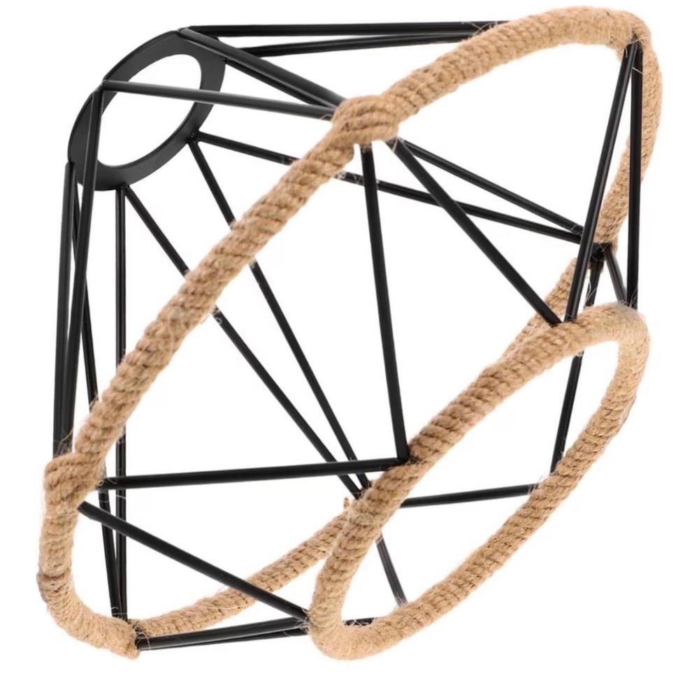 Industrial Geometric Diamond Pendant Light Shade Black Metal Hemp Rope Rustic - Picture 3 of 10
